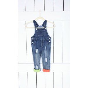 Vintage kids/childrens blue jean denim bib overalls/destroyed patch denim